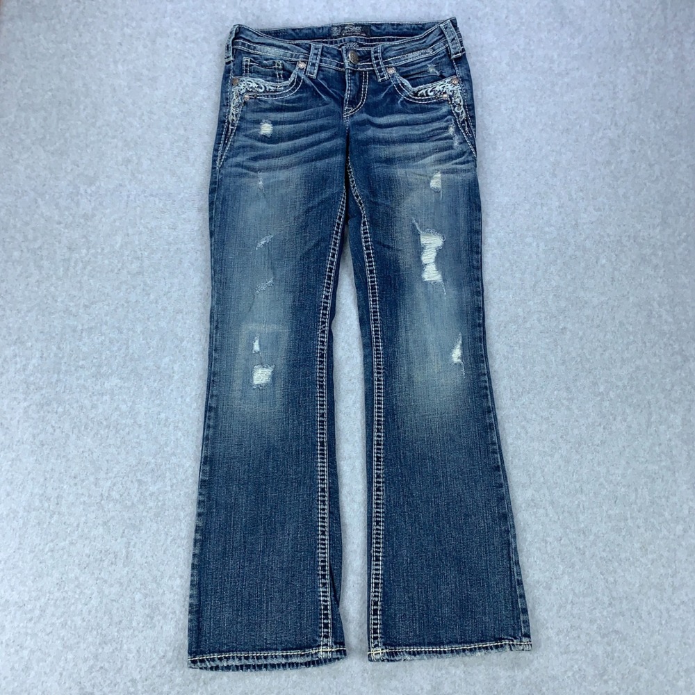 Silver Jeans Tuesday Low Boot Women 27 Blue Distressed Embroidered Bootcut Denim